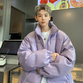 Hearujoy Purple PU Leather Down Cotton Jacket for Men's Winter New Japanese Retro Thick Stand Up Collar Coat Oversized Loose Bread Jacket
